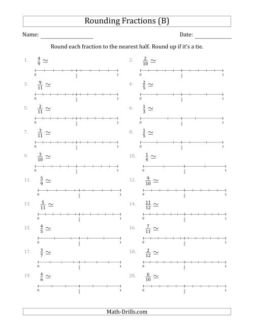 The Rounding Fractions to the Nearest Half with Helper Lines (B) Math Worksheet