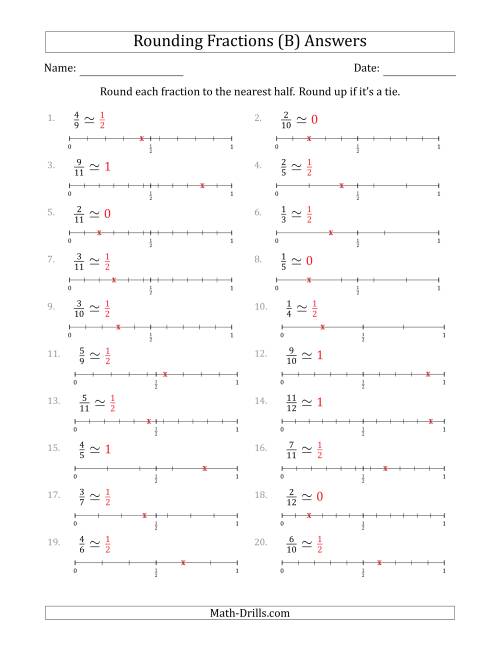 The Rounding Fractions to the Nearest Half with Helper Lines (B) Math Worksheet Page 2
