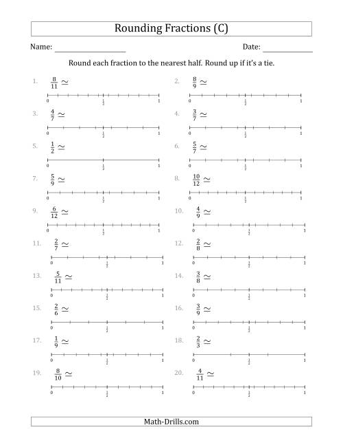 The Rounding Fractions to the Nearest Half with Helper Lines (C) Math Worksheet