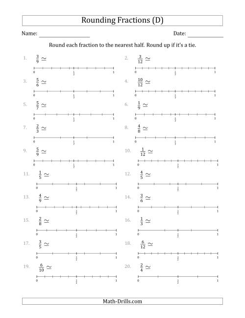 The Rounding Fractions to the Nearest Half with Helper Lines (D) Math Worksheet