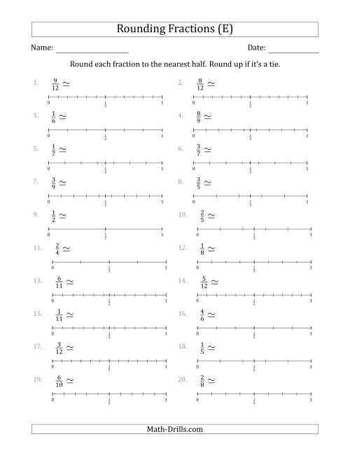The Rounding Fractions to the Nearest Half with Helper Lines (E) Math Worksheet