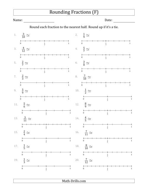 The Rounding Fractions to the Nearest Half with Helper Lines (F) Math Worksheet