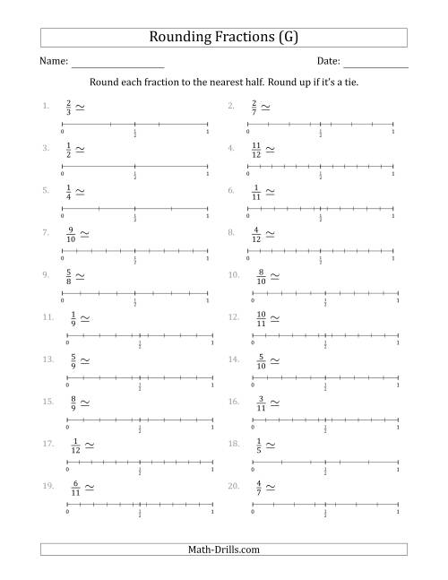 The Rounding Fractions to the Nearest Half with Helper Lines (G) Math Worksheet