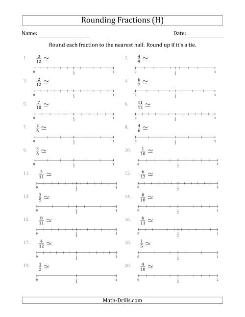The Rounding Fractions to the Nearest Half with Helper Lines (H) Math Worksheet