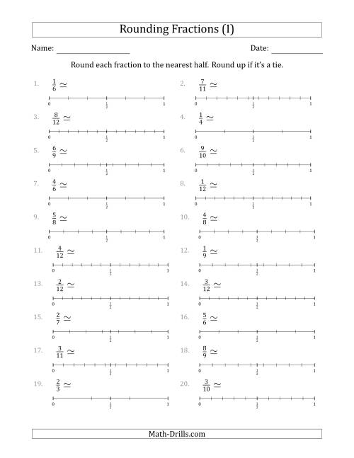 The Rounding Fractions to the Nearest Half with Helper Lines (I) Math Worksheet