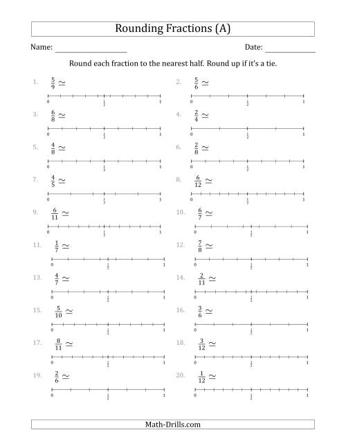 The Rounding Fractions to the Nearest Half with Helper Lines (All) Math Worksheet