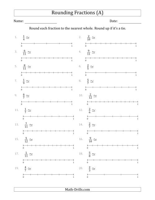 The Rounding Fractions to the Nearest Whole with Helper Lines (A) Math Worksheet