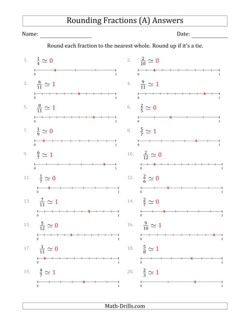 The Rounding Fractions to the Nearest Whole with Helper Lines (A) Math Worksheet Page 2