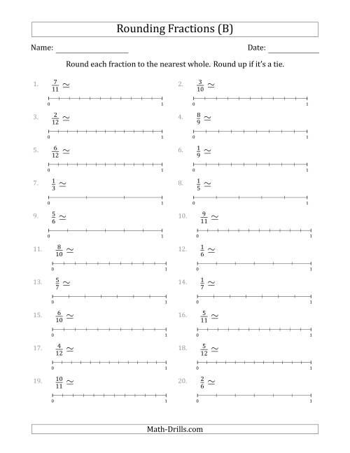 The Rounding Fractions to the Nearest Whole with Helper Lines (B) Math Worksheet