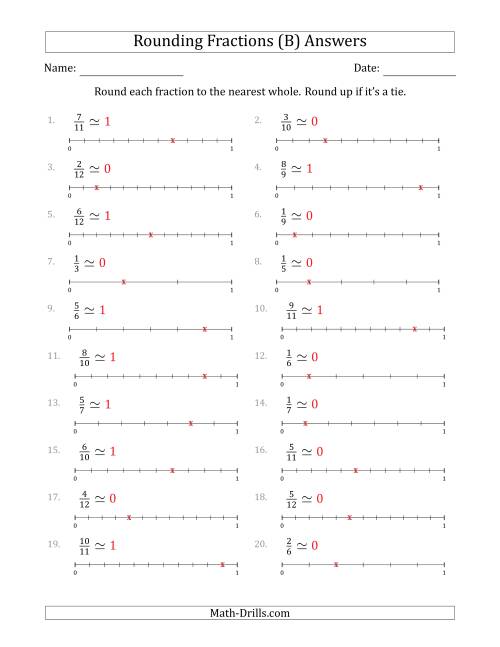 The Rounding Fractions to the Nearest Whole with Helper Lines (B) Math Worksheet Page 2