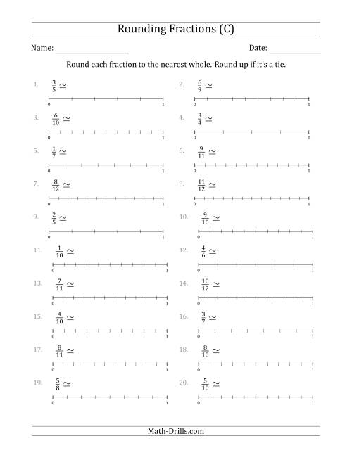 The Rounding Fractions to the Nearest Whole with Helper Lines (C) Math Worksheet