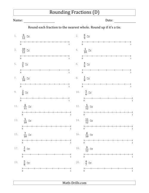 The Rounding Fractions to the Nearest Whole with Helper Lines (D) Math Worksheet