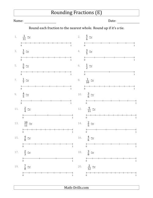 The Rounding Fractions to the Nearest Whole with Helper Lines (E) Math Worksheet