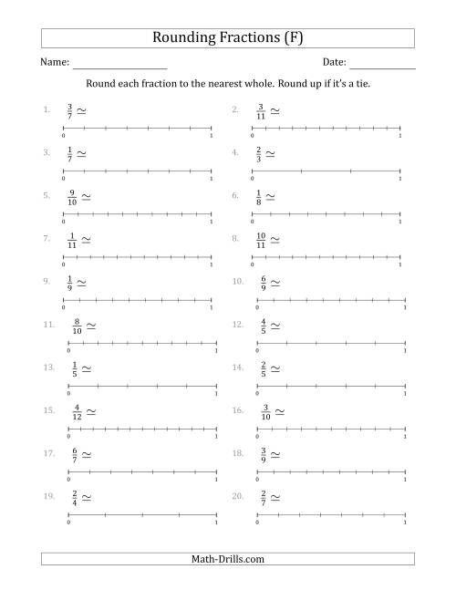 The Rounding Fractions to the Nearest Whole with Helper Lines (F) Math Worksheet