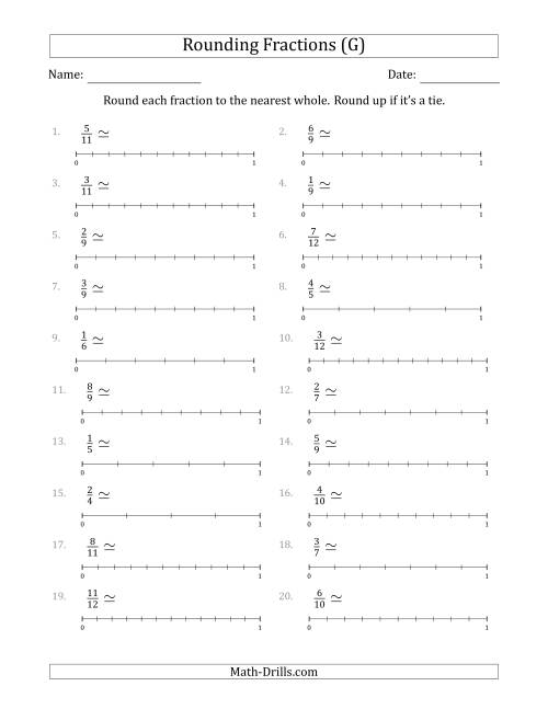 The Rounding Fractions to the Nearest Whole with Helper Lines (G) Math Worksheet