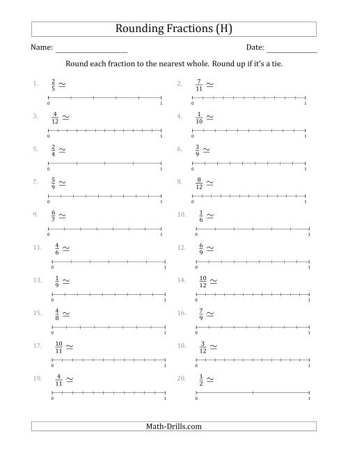 The Rounding Fractions to the Nearest Whole with Helper Lines (H) Math Worksheet