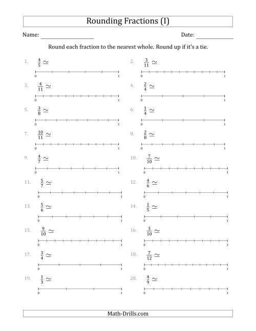The Rounding Fractions to the Nearest Whole with Helper Lines (I) Math Worksheet