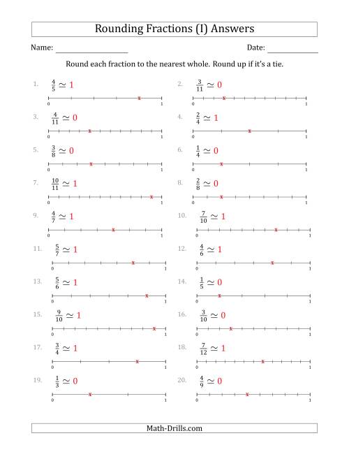 The Rounding Fractions to the Nearest Whole with Helper Lines (I) Math Worksheet Page 2