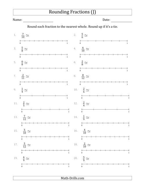 The Rounding Fractions to the Nearest Whole with Helper Lines (J) Math Worksheet