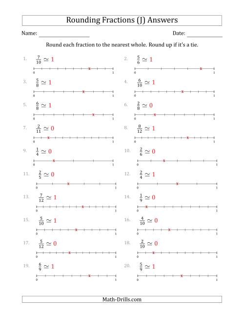 The Rounding Fractions to the Nearest Whole with Helper Lines (J) Math Worksheet Page 2