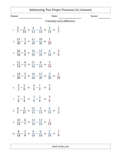 The Subtracting Two Proper Fractions with Similar Denominators, Proper Fractions Results and Some Simplifying (Fillable) (A) Math Worksheet Page 2