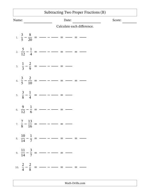 The Subtracting Two Proper Fractions with Similar Denominators, Proper Fractions Results and Some Simplifying (Fillable) (B) Math Worksheet