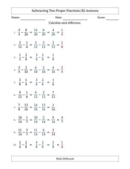 The Subtracting Two Proper Fractions with Similar Denominators, Proper Fractions Results and Some Simplifying (Fillable) (B) Math Worksheet Page 2