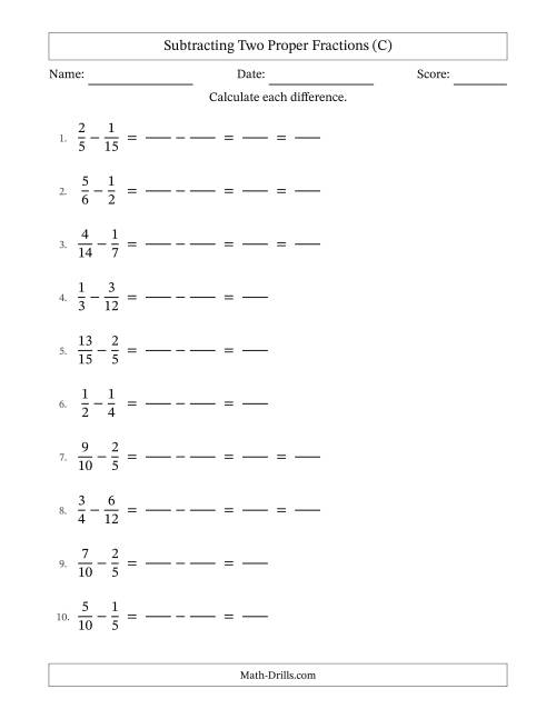 The Subtracting Fractions with Easy to Find Common Denominators (C) Math Worksheet