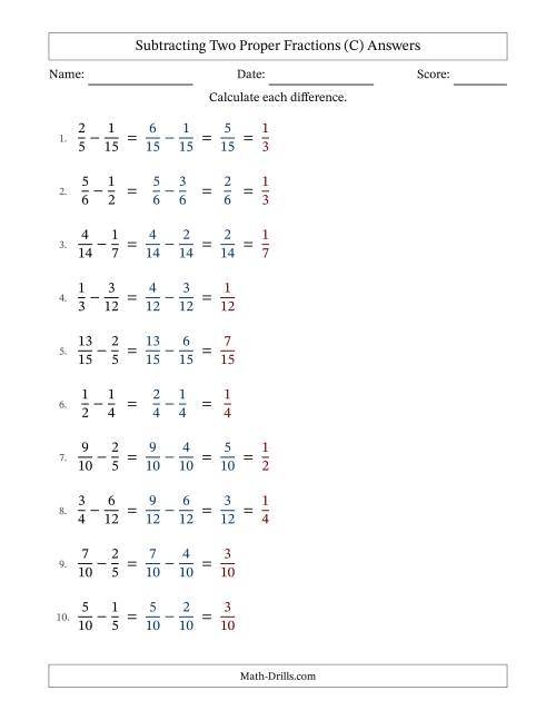 The Subtracting Fractions with Easy to Find Common Denominators (C) Math Worksheet Page 2