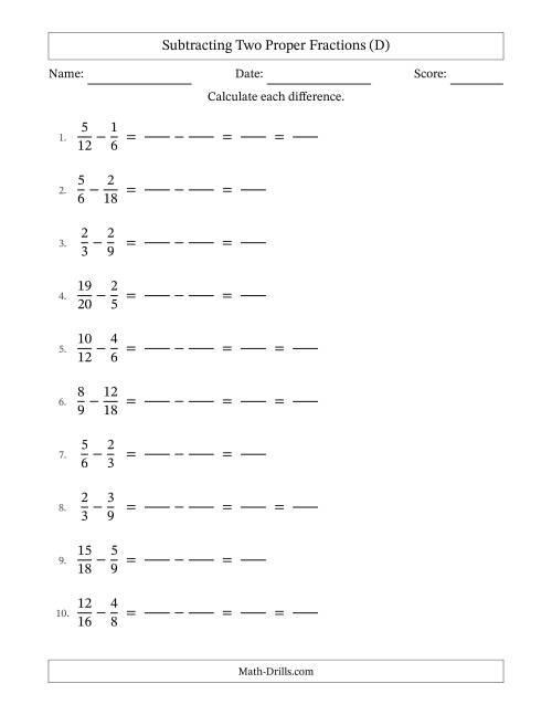 The Subtracting Two Proper Fractions with Similar Denominators, Proper Fractions Results and Some Simplifying (Fillable) (D) Math Worksheet