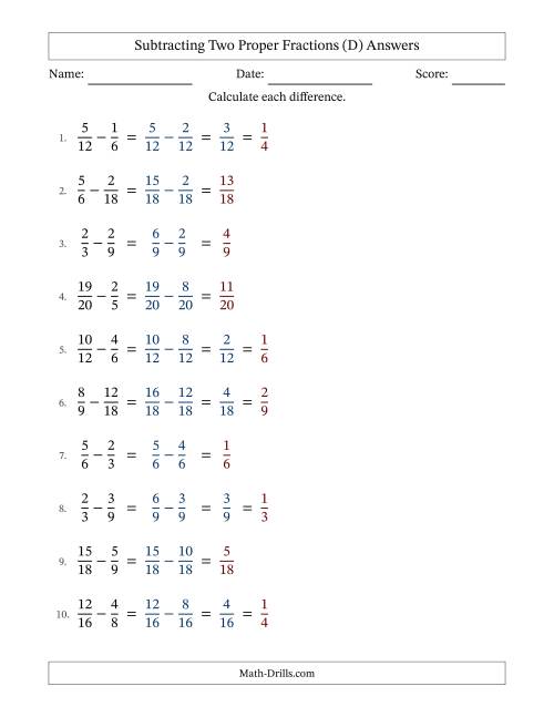 The Subtracting Two Proper Fractions with Similar Denominators, Proper Fractions Results and Some Simplifying (Fillable) (D) Math Worksheet Page 2