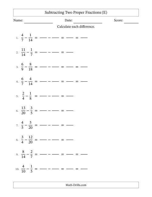 The Subtracting Fractions with Easy to Find Common Denominators (E) Math Worksheet