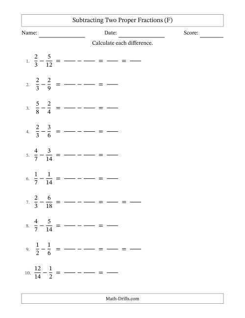 The Subtracting Fractions with Easy to Find Common Denominators (F) Math Worksheet