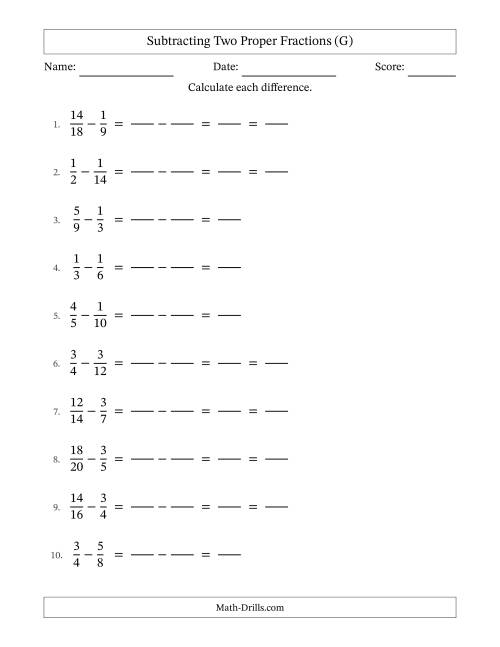 The Subtracting Two Proper Fractions with Similar Denominators, Proper Fractions Results and Some Simplifying (Fillable) (G) Math Worksheet