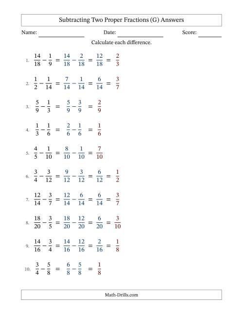 The Subtracting Fractions with Easy to Find Common Denominators (G) Math Worksheet Page 2