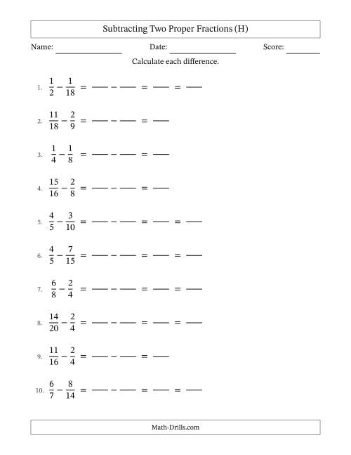 The Subtracting Fractions with Easy to Find Common Denominators (H) Math Worksheet
