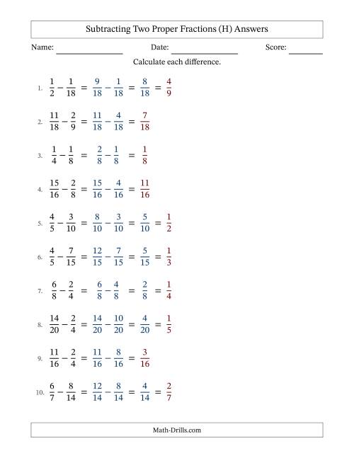 The Subtracting Fractions with Easy to Find Common Denominators (H) Math Worksheet Page 2