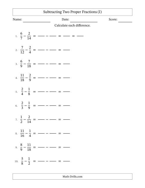 The Subtracting Fractions with Easy to Find Common Denominators (I) Math Worksheet