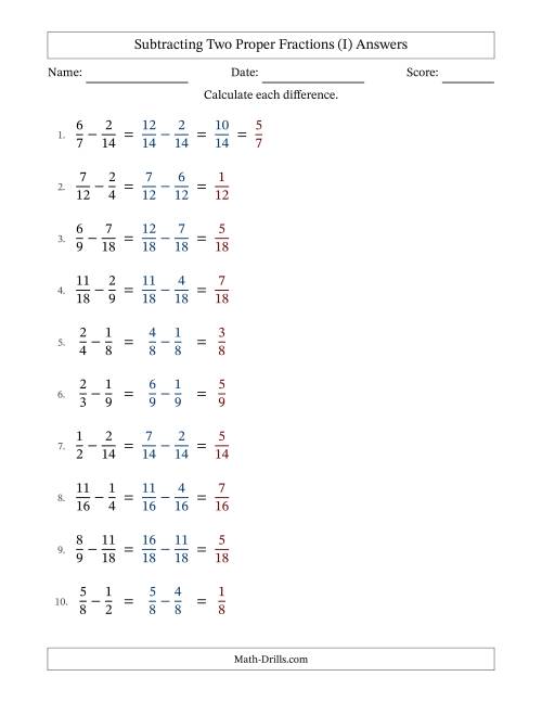The Subtracting Two Proper Fractions with Similar Denominators, Proper Fractions Results and Some Simplifying (Fillable) (I) Math Worksheet Page 2