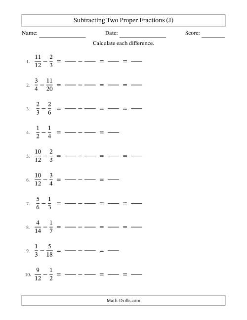 The Subtracting Fractions with Easy to Find Common Denominators (J) Math Worksheet