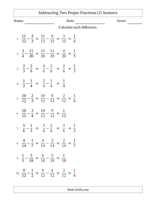 The Subtracting Two Proper Fractions with Similar Denominators, Proper Fractions Results and Some Simplifying (Fillable) (J) Math Worksheet Page 2