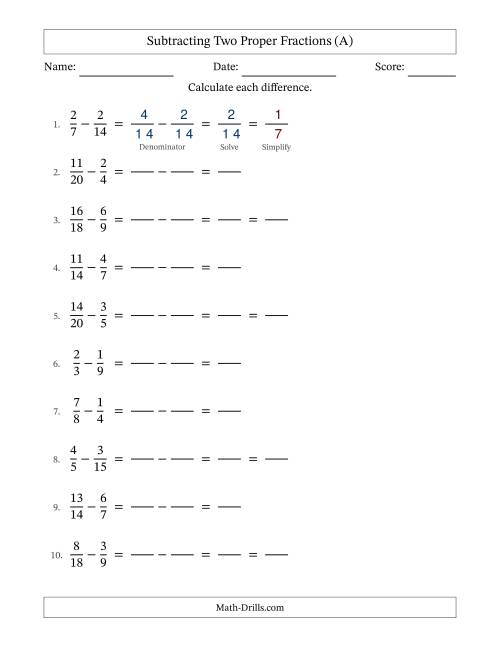 The Subtracting Fractions with Easy to Find Common Denominators (All) Math Worksheet