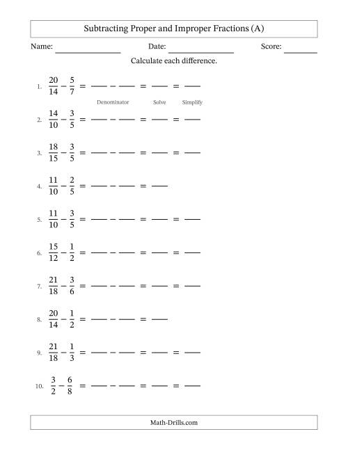 The Subtracting Proper and Improper Fractions with Similar Denominators, Proper Fractions Results and Some Simplifying (Fillable) (A) Math Worksheet