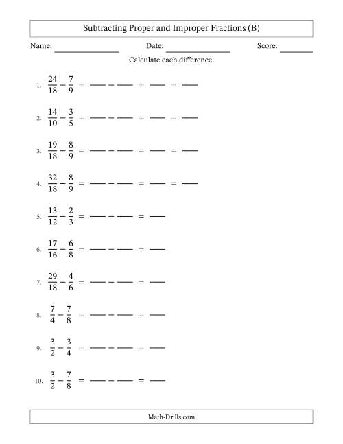 The Subtracting Fractions with Easy to Find Common Denominators and Some Improper Fractions (B) Math Worksheet