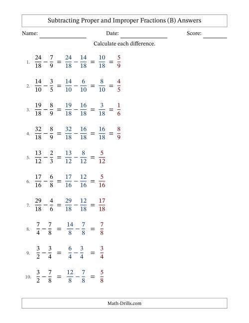 The Subtracting Proper and Improper Fractions with Similar Denominators, Proper Fractions Results and Some Simplifying (Fillable) (B) Math Worksheet Page 2