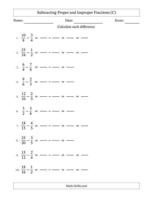 The Subtracting Fractions with Easy to Find Common Denominators and Some Improper Fractions (C) Math Worksheet