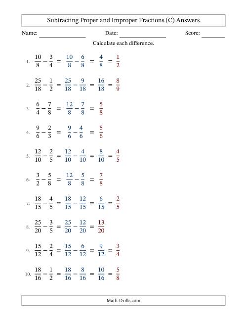 The Subtracting Proper and Improper Fractions with Similar Denominators, Proper Fractions Results and Some Simplifying (Fillable) (C) Math Worksheet Page 2