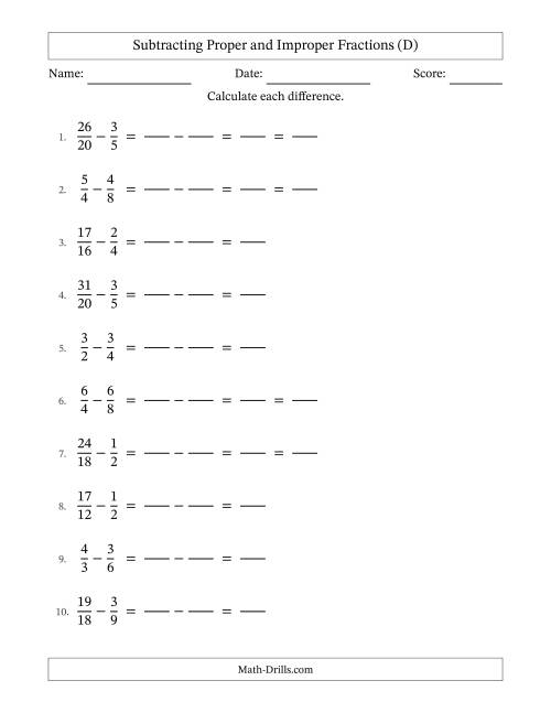 The Subtracting Proper and Improper Fractions with Similar Denominators, Proper Fractions Results and Some Simplifying (Fillable) (D) Math Worksheet