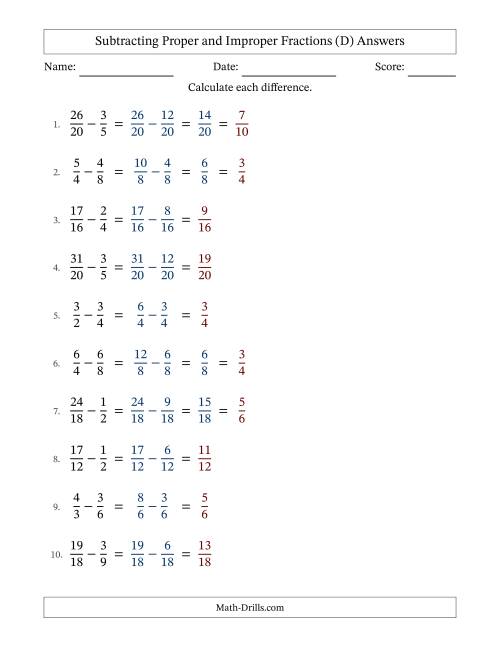 The Subtracting Fractions with Easy to Find Common Denominators and Some Improper Fractions (D) Math Worksheet Page 2
