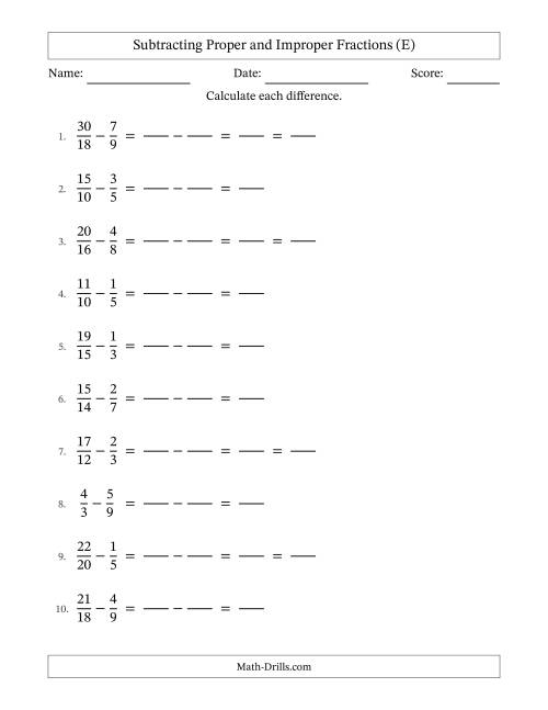 The Subtracting Fractions with Easy to Find Common Denominators and Some Improper Fractions (E) Math Worksheet
